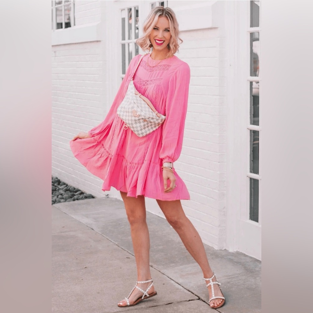 Scoop - Pink Boho Prairie Crochet Babydoll Long Sleeve Dress
